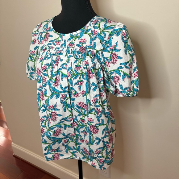 J. Crew Factory Blue White Pink Floral Smocked Top - Picture 2 of 11